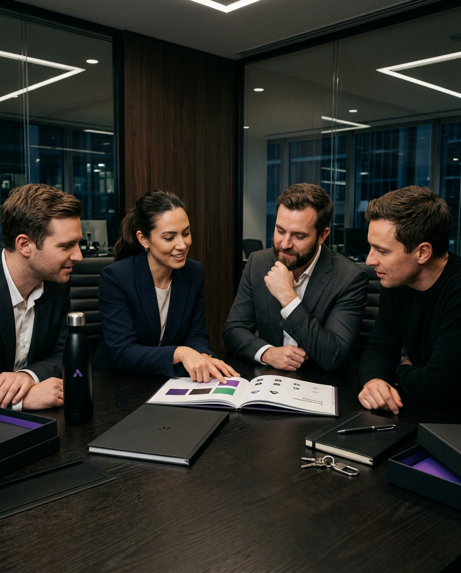 Brandbook aberto mostrando paleta de cores, tipografia e aplicações