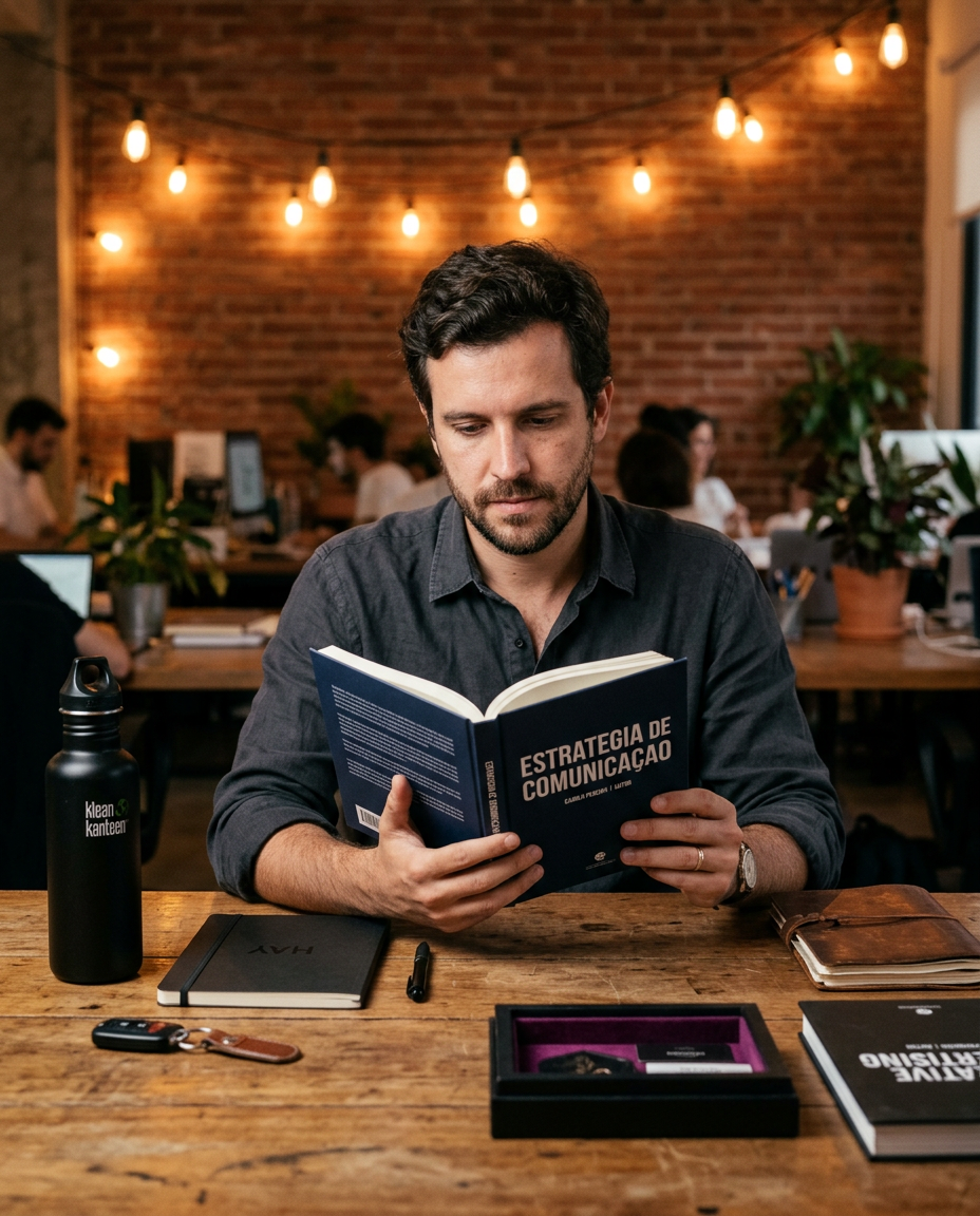 Livro Estratégia de Comunicação com post-its e fluxograma